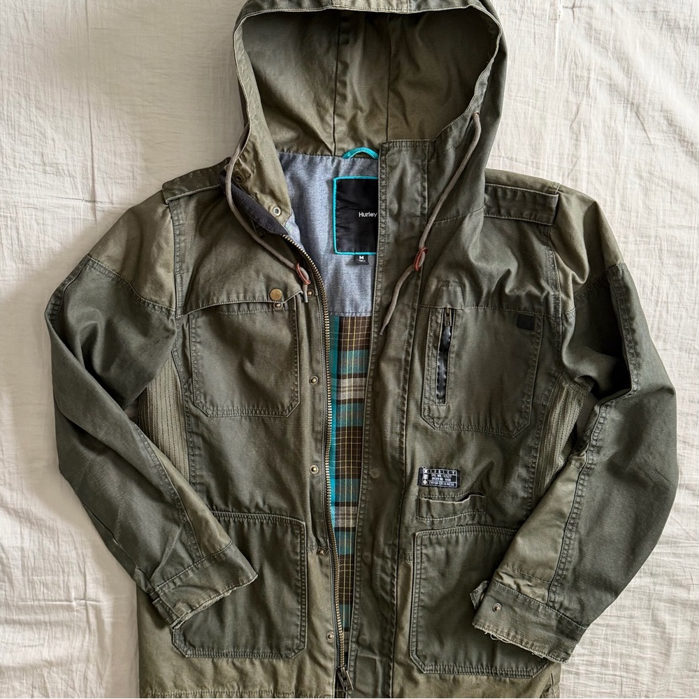 Hurley Waxed Plaid Lined Field Jacket Men’s Med Green Covert Military Tactical - Picture 2 of 12